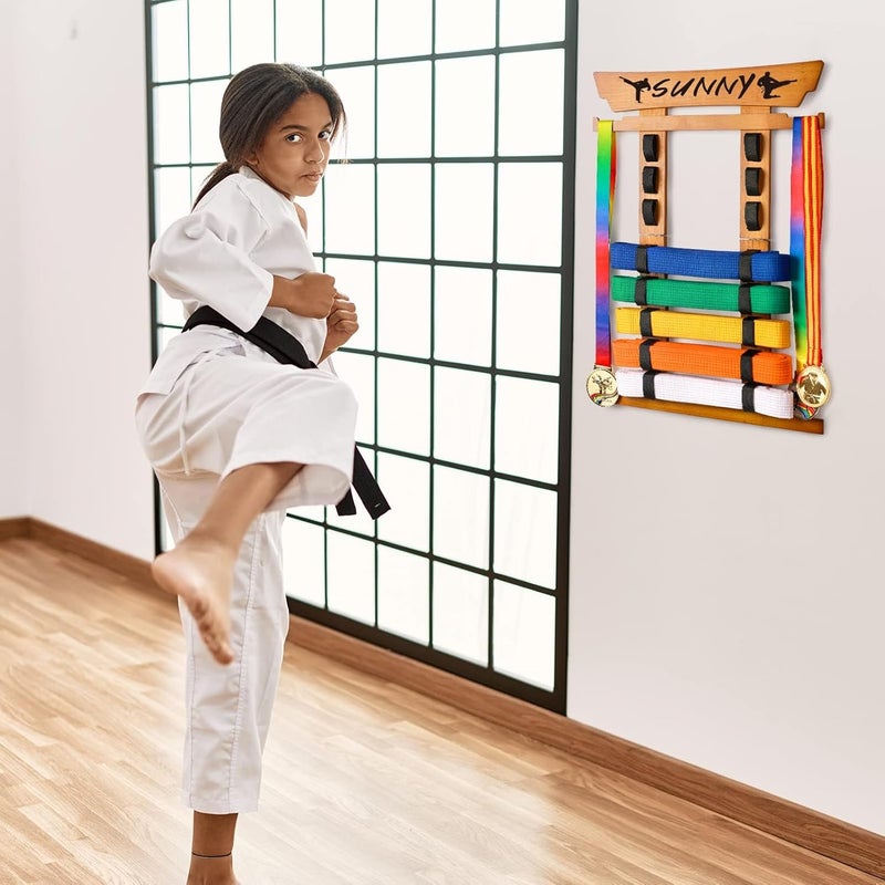 Tilhumt 8 Belt Karate Belt Display Rack with Medal Hanger and Stickers, Taekwondo Belt Display Holder, Martial Arts Belt Display Organizer for Adults, No Assembly Required (Bamboo/Acrylic) - Image 5